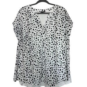 Papermoon Stitch Fix Size 3X White Black Dot Short Sleeve V Neck Chiffon Top